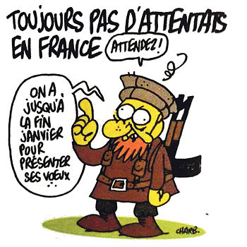 Charbonnierova kresba v nejnovějším čísle magazínu Charlie Hebdo s nápisem nad hlavou islamisty Stále žádné atentáty ve Francii Charbonnierova kresba v nejnovějším čísle magazínu Charlie Hebdo s nápisem nad hlavou islamisty Stále žádné atentáty ve Francii